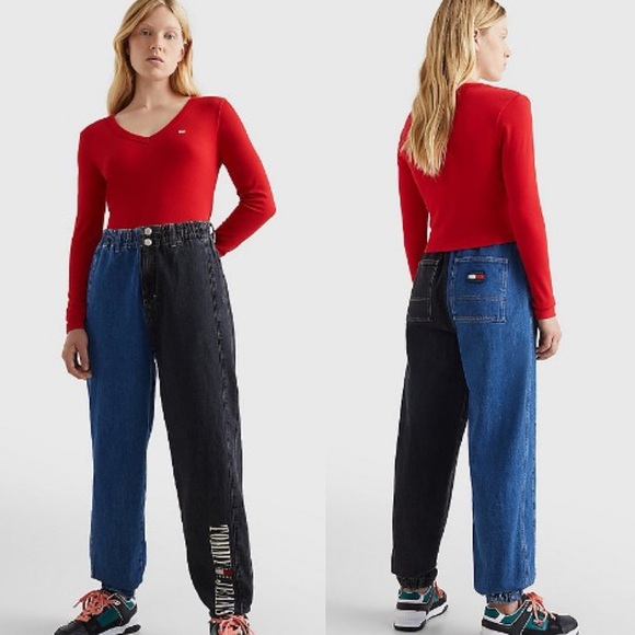 Tommy Jeans Women 90s Y2K Retro Two Tone Split Wash Denim Mom Jog Jeans Small - Picture 1 of 15